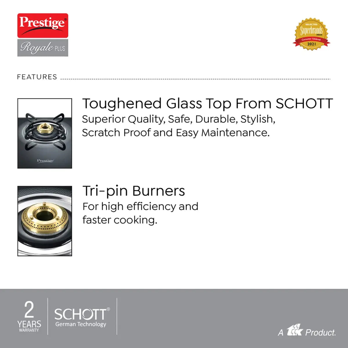 Prestige ROYALE PLUS SCHOTT GLASS TOP GT 03 3 Burner Glass Manual Gas Stove 40177