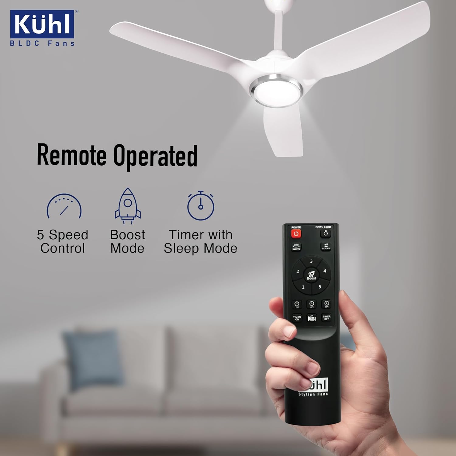 KUHL Meridian M1 1200MM BLDC Ceiling Fan: 65% Power Saving, Remote Control, BEE 5 Star & ISI Marked, High Air Flow, Down Light & Reverse Mode