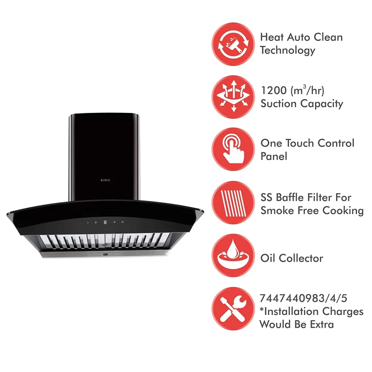 Elica 60 cm 1200 m3/hr Auto Clean Chimney (WDAT HAC 60 NERO, 2 Baffle Filters, Touch Control, Black)