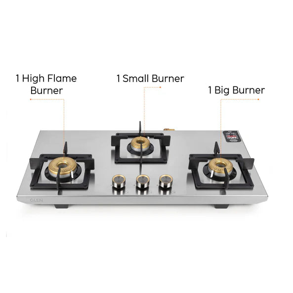 Glen 3 Burner Ultra Tuff Free Standing Hob with Forged Brass Burners Auto Ignition (BH 1073 XL SQ FS UT SS AI)