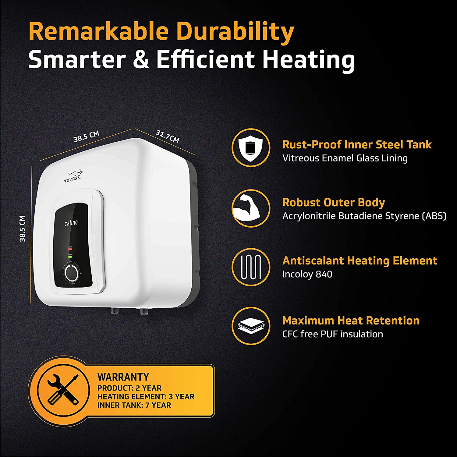 -Guard Calino 25L Storage 5 Star Water Heater, 100% ABS Body with IPX4 Rating; Free PAN India Installation and Free Inlet Outlet Connection Pipes; White
