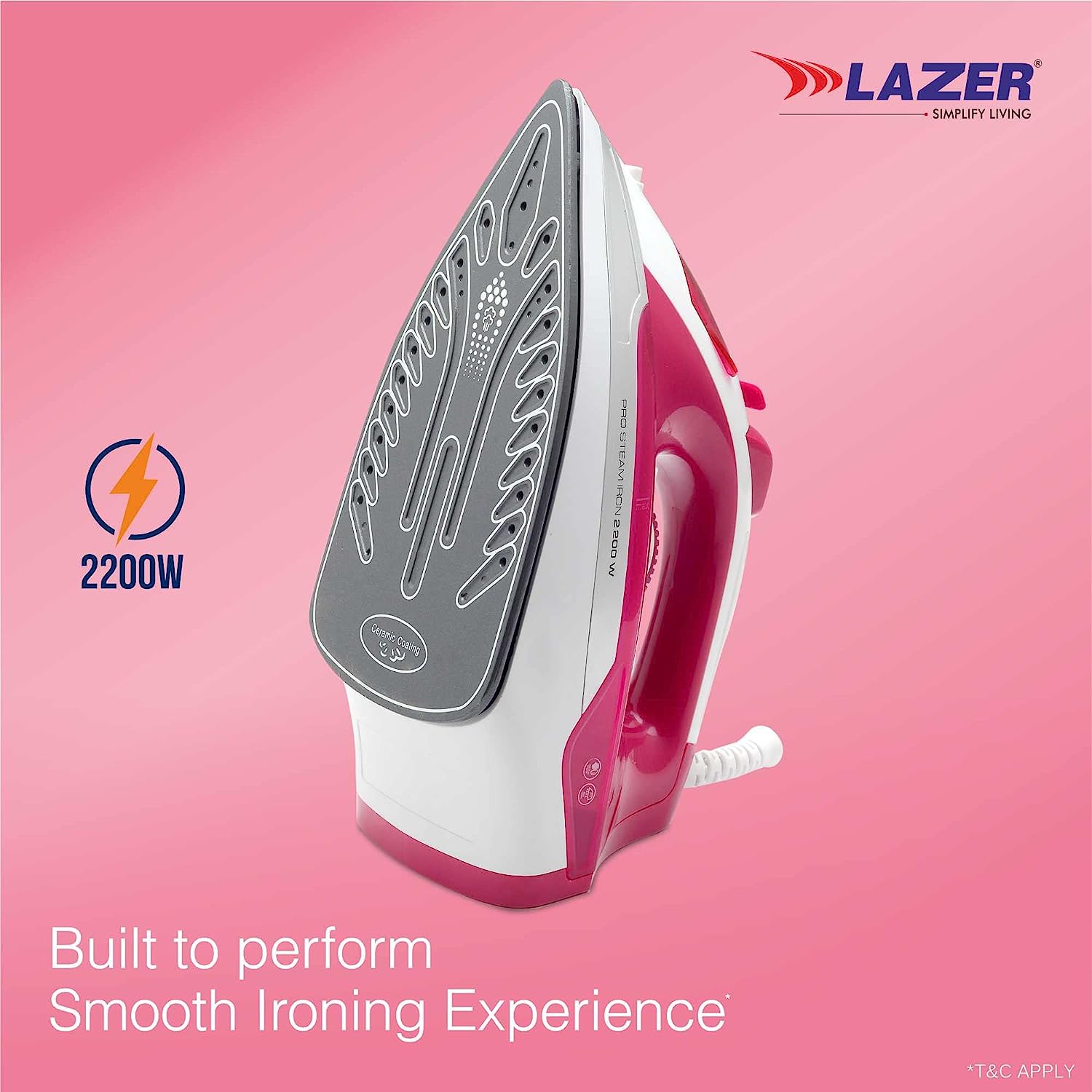 Lazer Imperial 2200W With Power Full Steam Burst, Scratch Resistant Durable Creamic Soleplate Steam Iron (Pink)