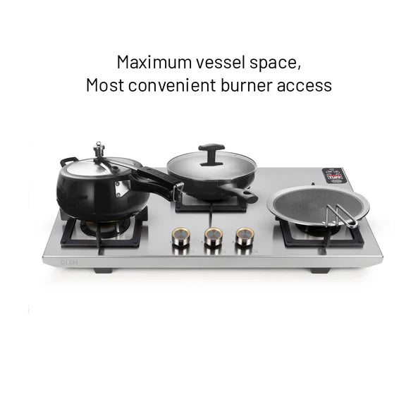 Glen 3 Burner Ultra Tuff Free Standing Hob with Forged Brass Burners Auto Ignition (BH 1073 XL SQ FS UT SS AI)