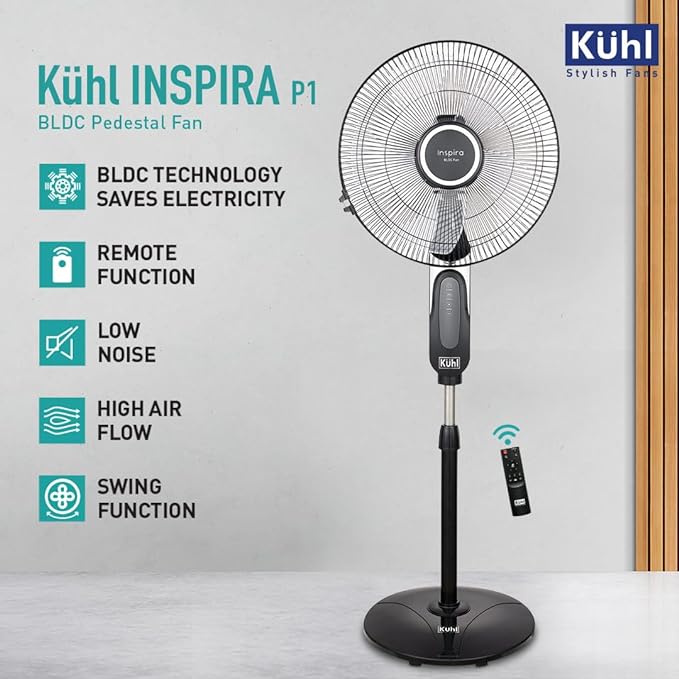 KUHL Inspira P1 BLDC Pedestal Fan | 5 Blades | 6 Speed | Remote Control | Touch Panel & Display | Height & Angle Adjustment | High Air Flow & Low Noise | 400mm | 28W | Black