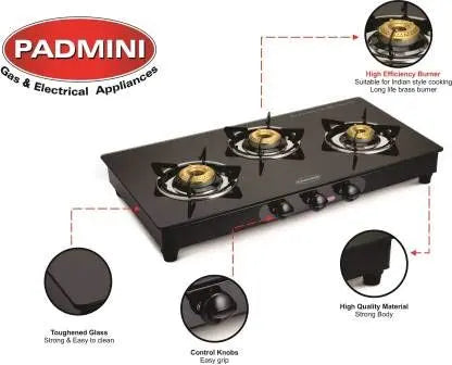 Padmini Gas Stove, 3 Burner, Black (CS-3GT Curve)