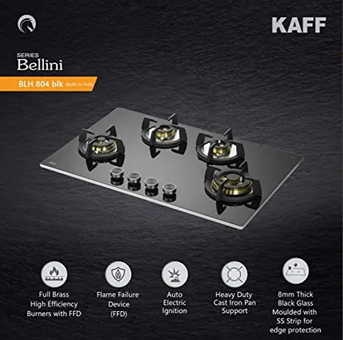 Kaff Built in Hob BLH 804 Auto Electric Ignition - 4 Full Brass High Efficiency Burners, Big Triple Ring Burner, Mini Ring Burner, 2 Dual Ring Burner Black