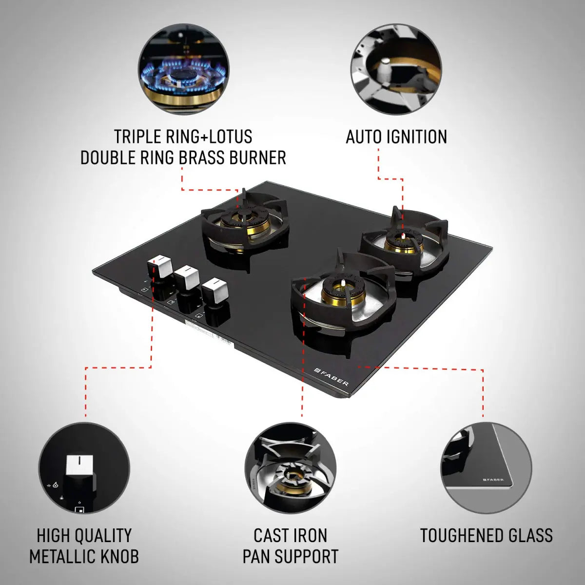 Faber Mild Steel Hobtop Nexus Ht603 Crs Br Ci 3 Brass Burner Auto Electric Ignition Glass Top (Black)