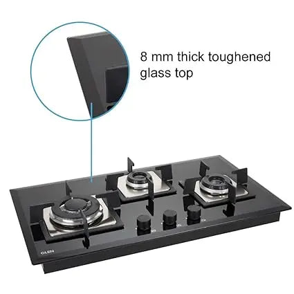 Glen 3 Burner Built in Glass Gas Hob Top with Italian Double Ring Burners, Auto Ignition, Black (1073 SQ HT IN TR)