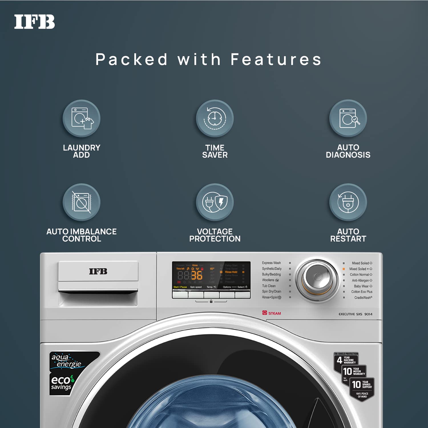IFB 9 Kg 5 Star Front Load Washing Machine 2X Power Steam (EXECUTIVE SXS 9014, Silver, In-built Heater, 4 years Comprehensive Warranty)