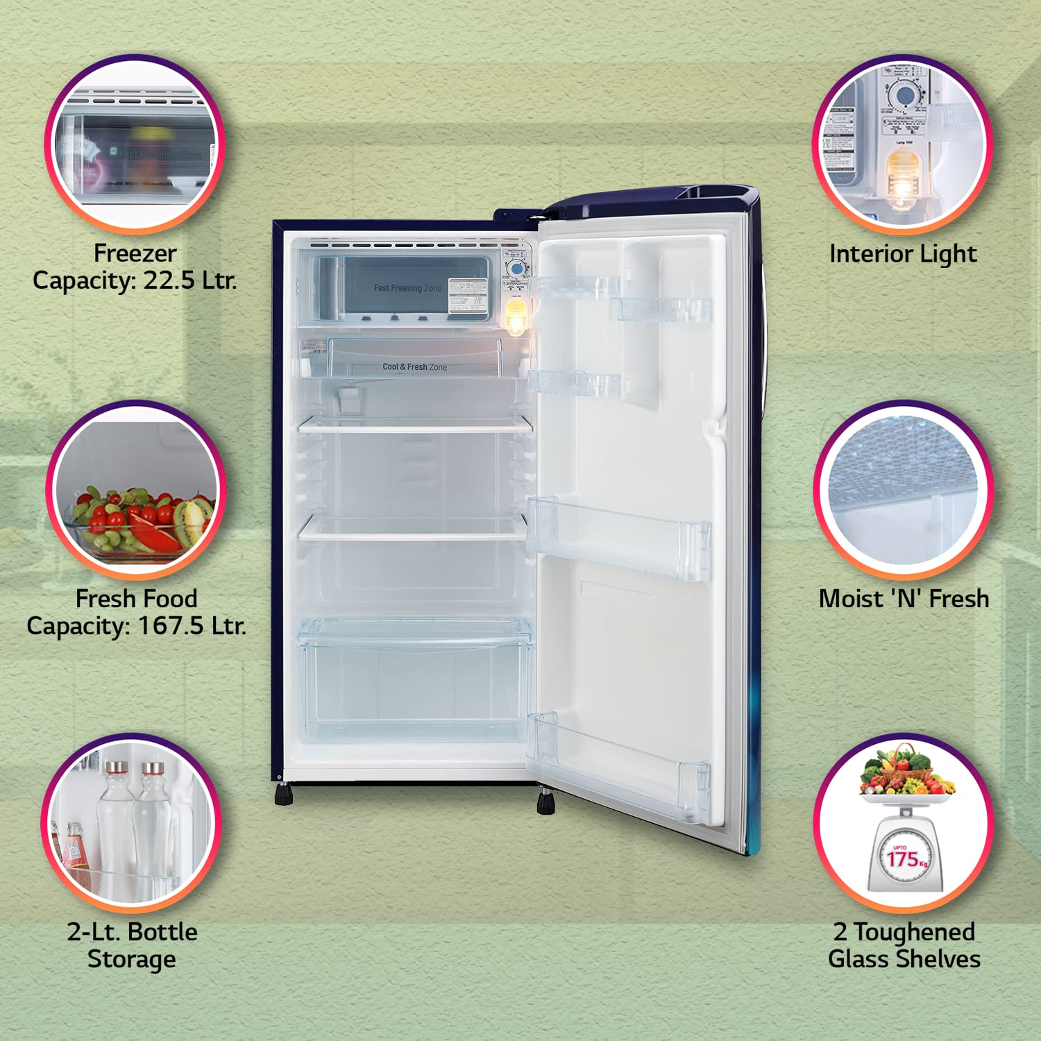 LG 185 L 3 Star Direct-Cool Single Door Refrigerator (GL-B201ABCD, Blue Charm, Fast Ice Making, Gross Volume- 190 L)
