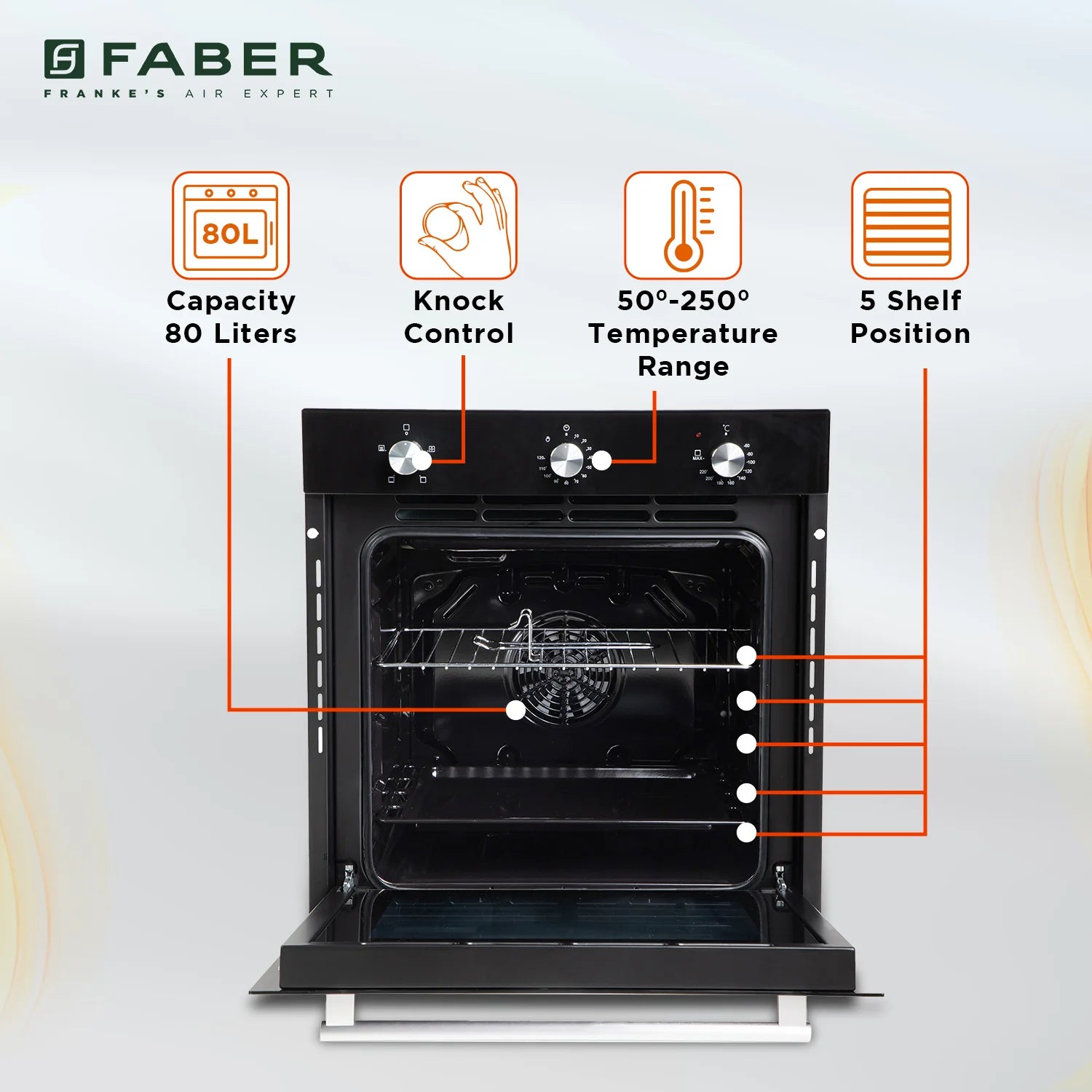 Faber 80L Built-In Black Finish Oven || Push/Pull Knob Control with Digital Display || 4 Cooking Functions with Grill Rack, Universal Pan|| FBIO 80L 4F BK with 1 Yr Comprehensive Warranty