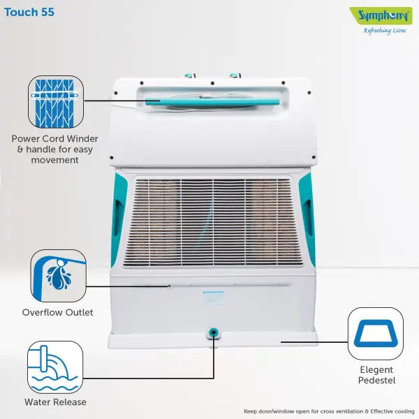 Symphony Touch 55 Personal Air Cooler with 4-Side Aspen Pads (55L, White)