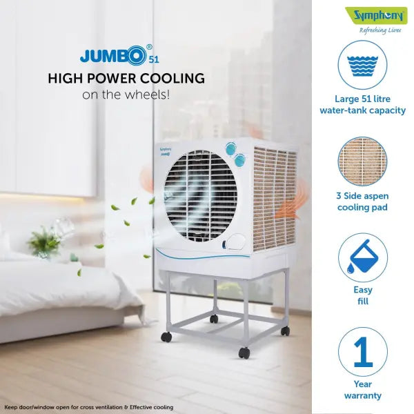 Symphony Jumbo 51 Desert Air Cooler 51-litres with Trolley (White)