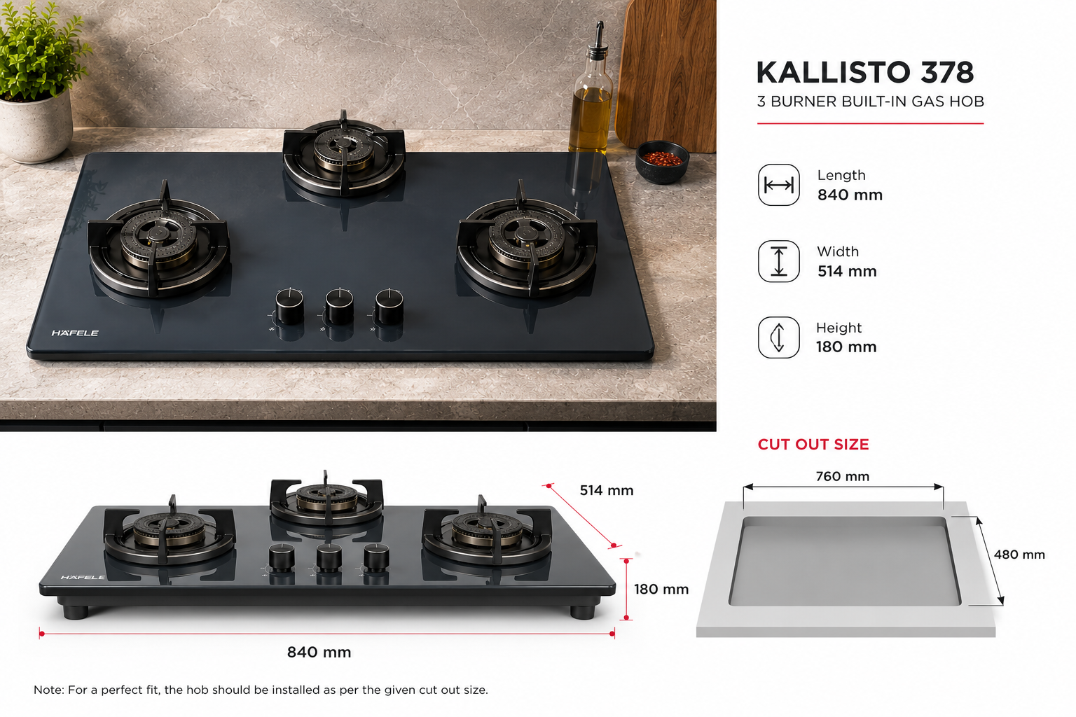 Hafele KALLISTO 378 78cm 3 Burner Built-in Gas Hob | Shadowstone Finish