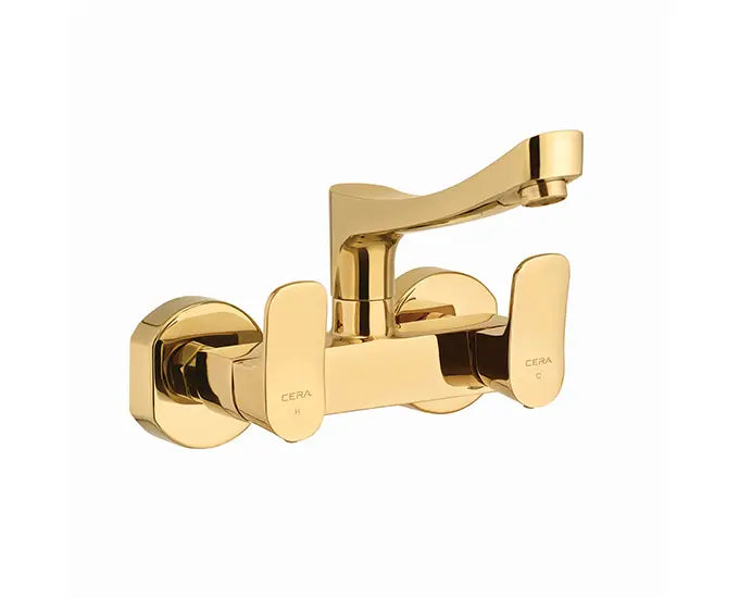 செரா F1012511FG லஸ்டர் பெர்லா பிரஞ்சு கோல்ட் பினிஷ் காலாண்டு திருப்பம் சுவர் பொருத்தப்பட்ட சிங்க் மிக்சர், 200 மிமீ (8”) நீண்ட சுழல் ஸ்பவுட் இணைக்கும் கால் மற்றும் சுவர் ஃபிளேன்ஜ்