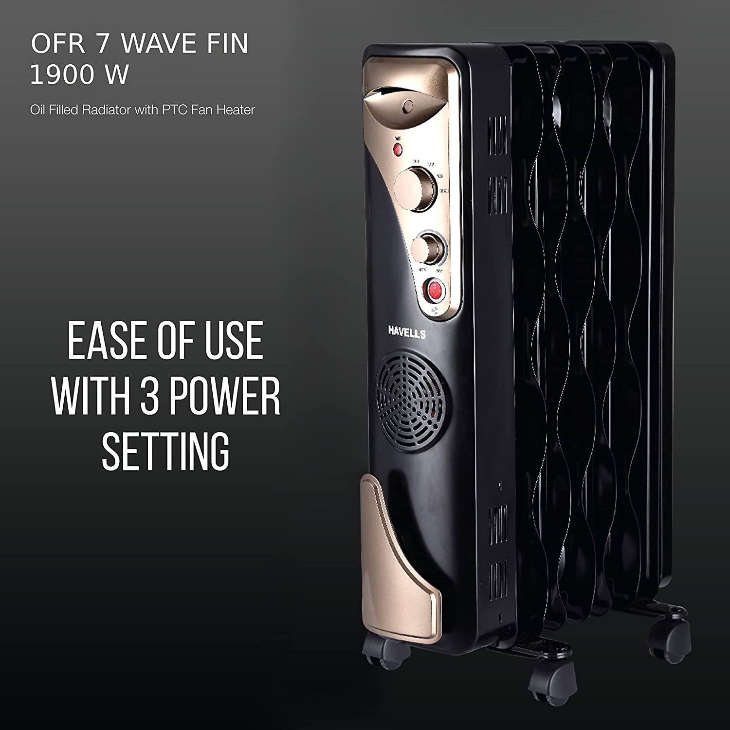 Havells OFR 7 Wave Fins with Fan 1900 watt (Black),GHROFBYK190