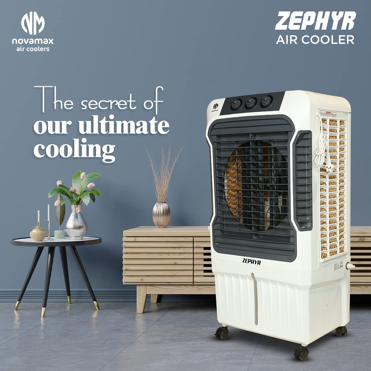 Novamax Zephyr 90 L Desert Air Cooler For Home/Office With 3-Side High Density Honeycomb Cooling Pads, Auto Swing, 4-Way Air Deflection & 3-Speed...