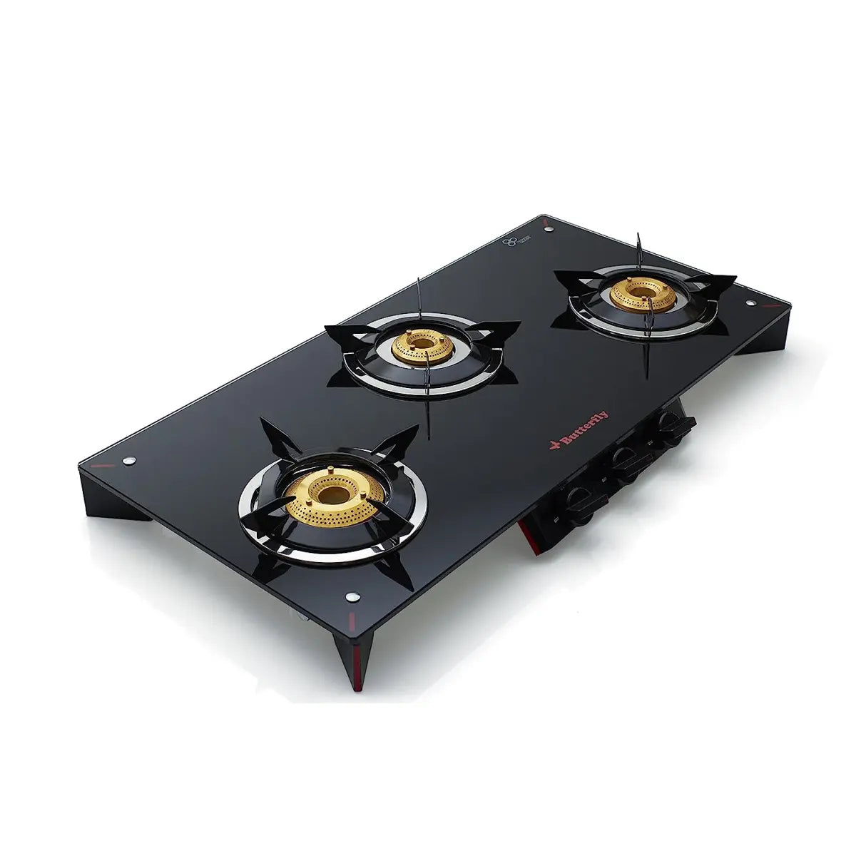 Butterfly Prism Glass Top 3 Burner Gas Stove, Manual Ignition, Black/Red