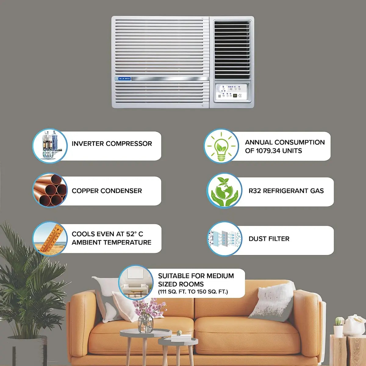 Blue Star 1.5 Ton 5 Star Inverter Window AC (Copper, Inverter Compressor Technology, Turbo Cool, Energy Saver, Multi Sensors, Comfort Sleep, Self Diagnosis, 2D Swing, 2023 Model, WIA518LN,White)