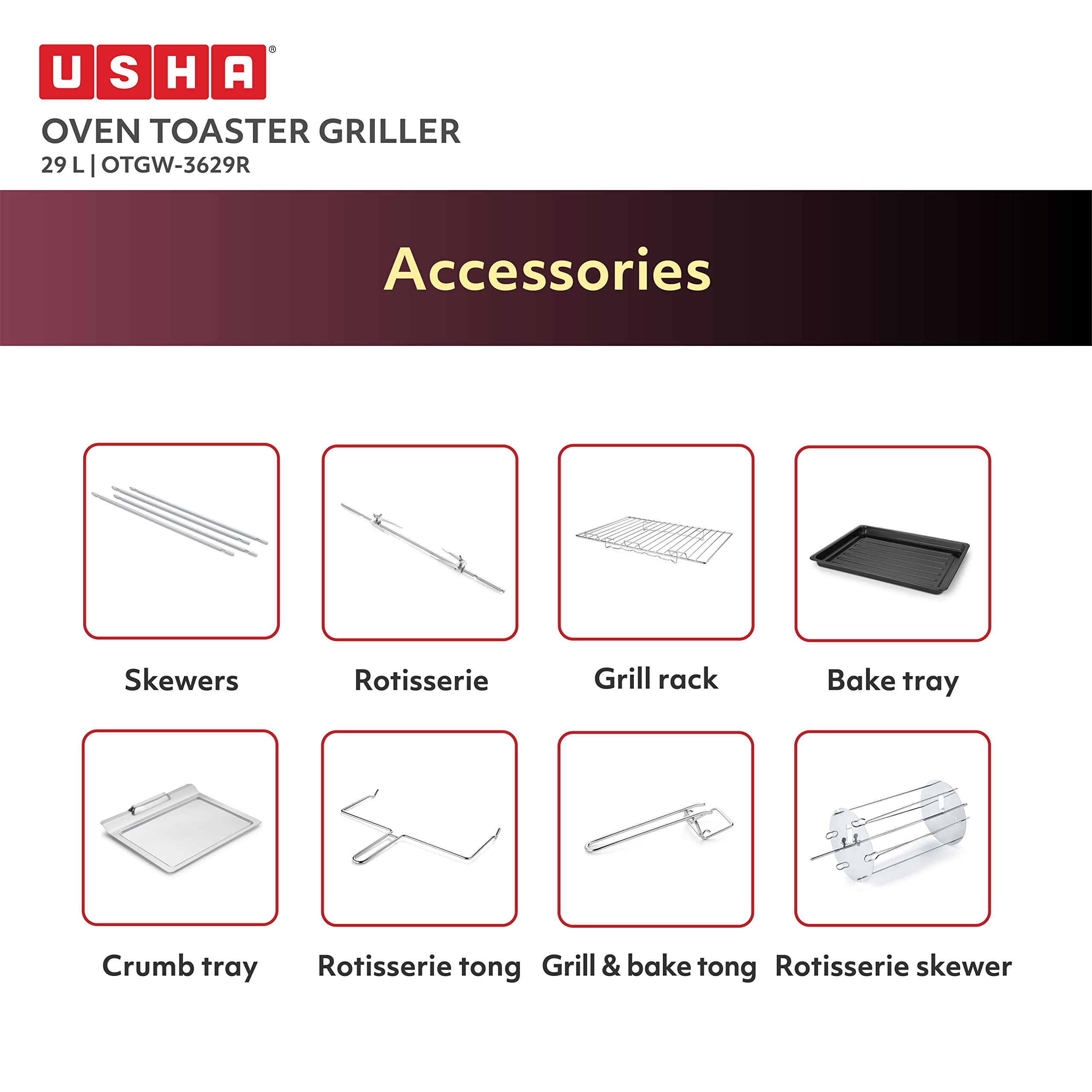 Usha 3629R 29L Oven Toaster Grill with Rotisserie and Convection, 1600 W, 6 mode Heating Function(Wine & Matte Black)