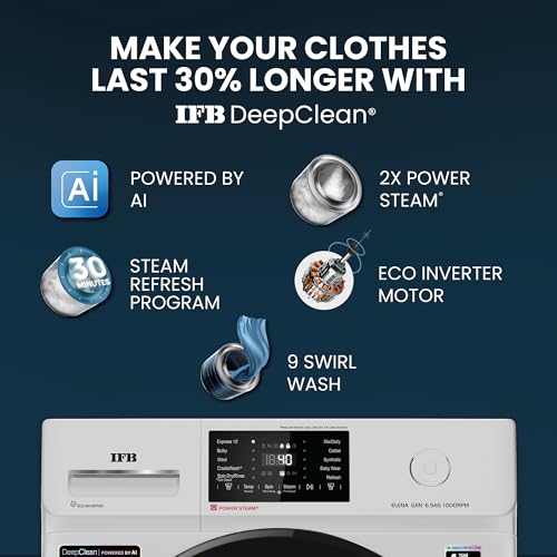 IFB 6.5 Kg 5 Star Powered by AI with 9 Swirl Wash, Fully Automatic Front Load Washing Machine (ELENA GXN 6510, Steam Refresh Program with Eco Inverter, Grey)