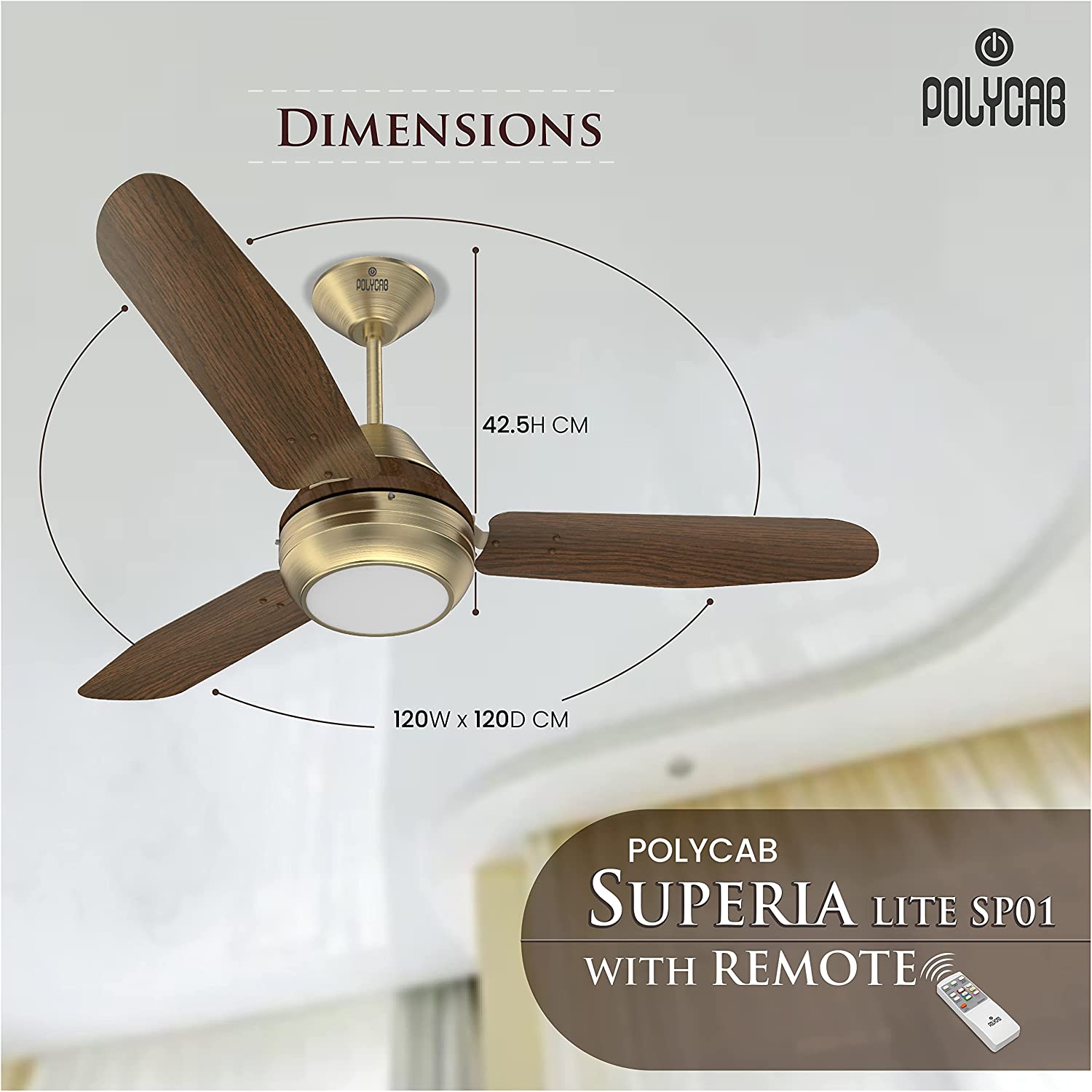 Polycab Superia SP01 Super Premium 1200 mm Underlight Designer Ceiling Fan With Remote, Built-in 6 Colour LED Light and 2 years warranty (Antique Brass Darkwood)
