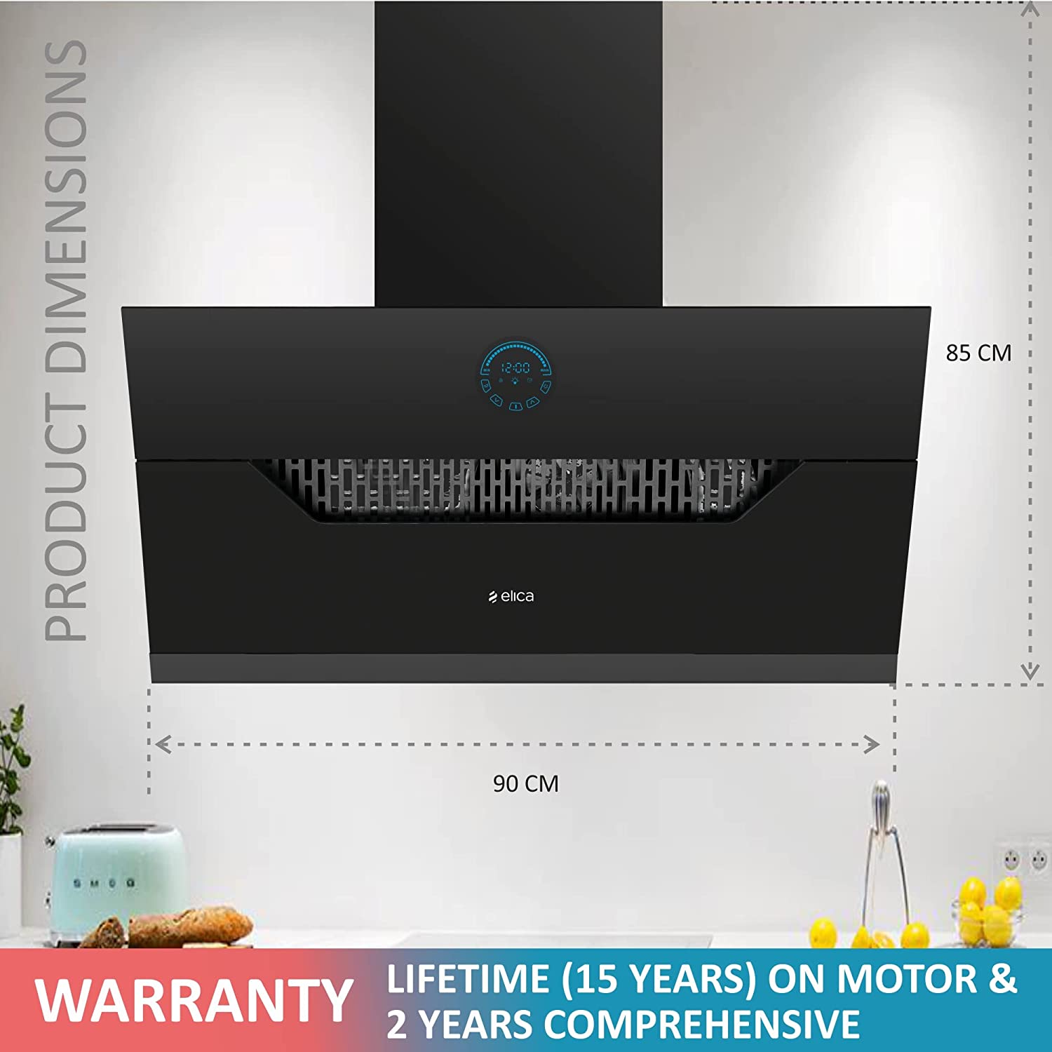 Elica 90 cm 1350 m3/hr Filterless Auto Clean Angular Chimney with 15 Years Warranty (EFL 108 HAC LTW VMS 90, Touch + Palm Sensor Control, Black)