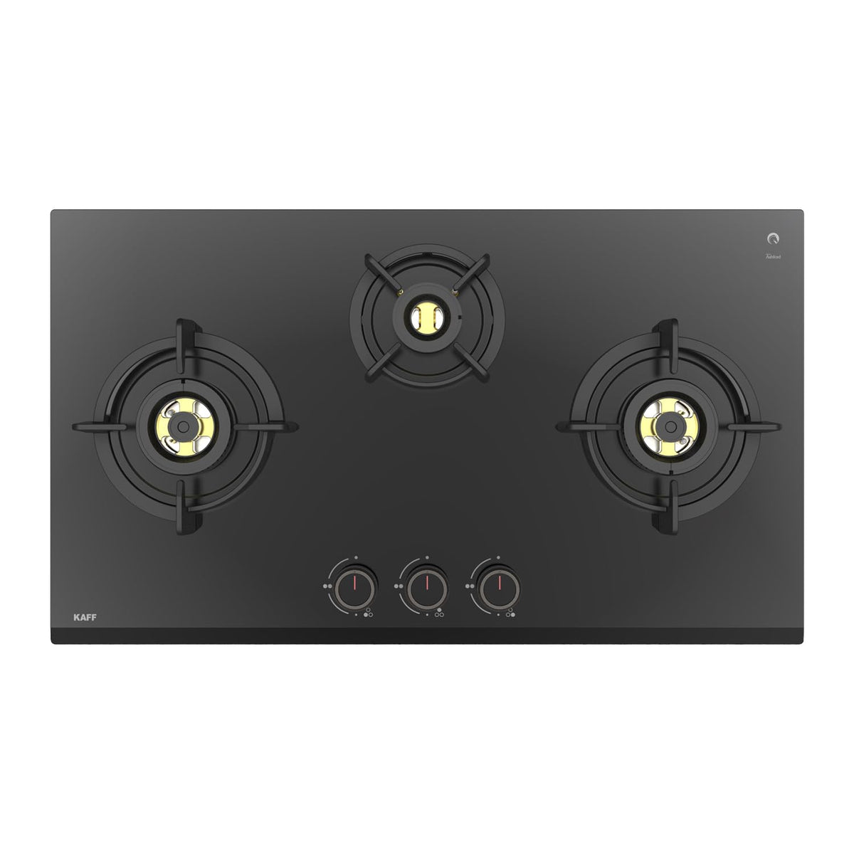 Top view of Kaff Ashford ASF 783 black glass built-in 3 burner gas hob with three control knobs