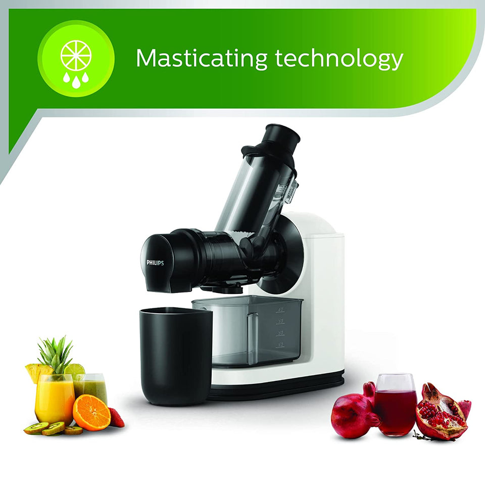 Philips HR1887/81 masticating juicer with pulp container, surrounded by citrus, kiwi and pomegranate juices