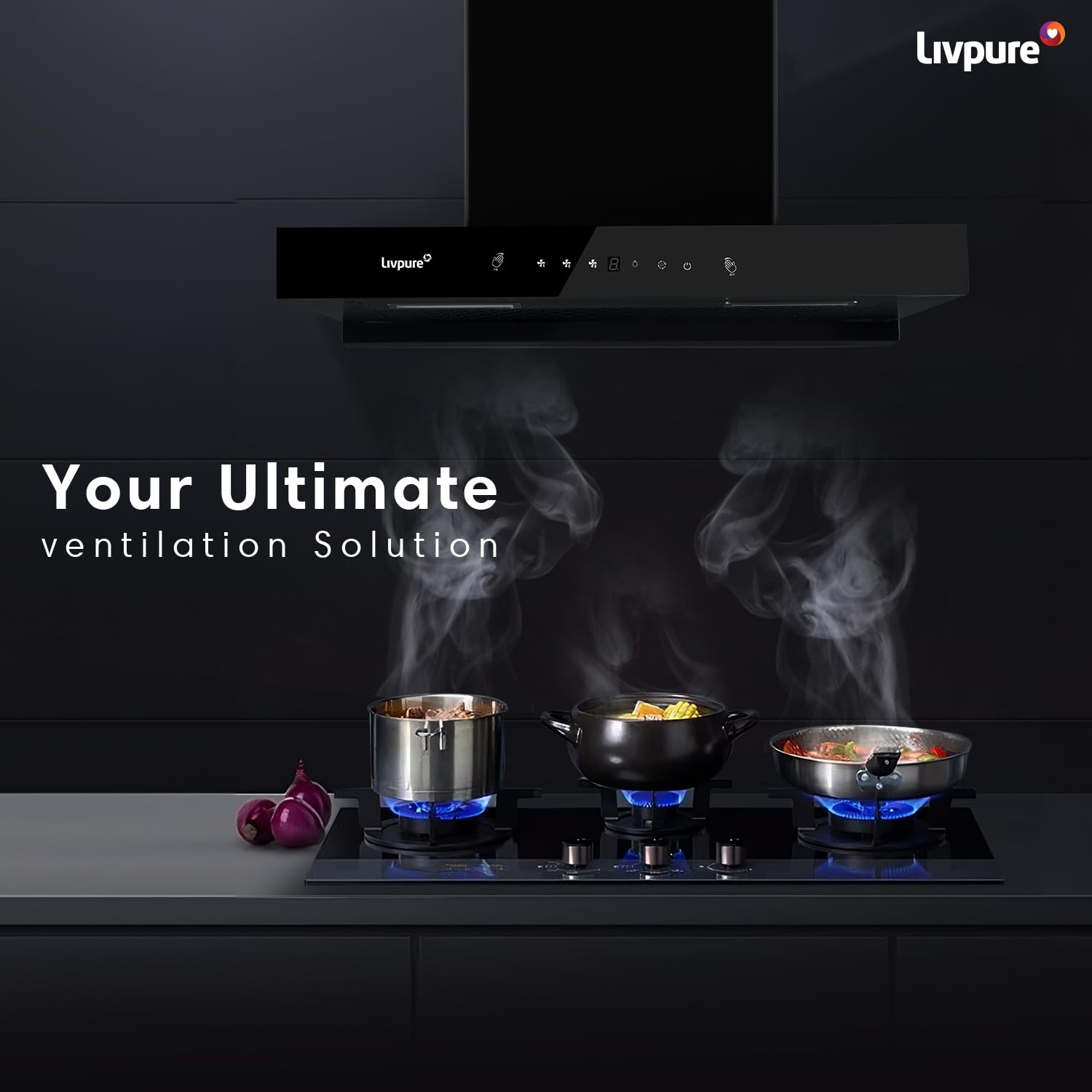 Livpure Ether 75 1350 m3/hr T Shape | Filterless Autoclean Kitchen Chimney |10 Yr Warranty On Motor, 2 Yr Comprehensive |Touch & Gesture Control, Black