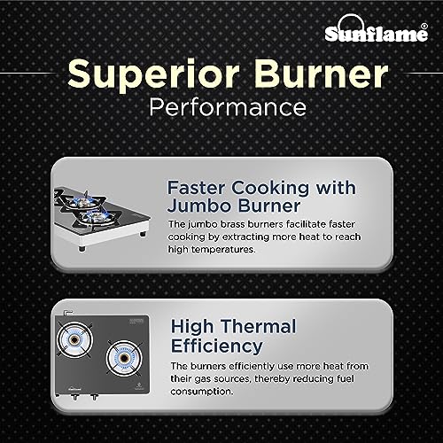 Sunflame Crystal Nova 3 Burner Gas Stove | Dual Drip Trays | 1 Jumbo, 1 Medium and 1 Small Brass Burner | 2 Year Product Coverage by Sunflame | Manual Ignition | PAN India Presence