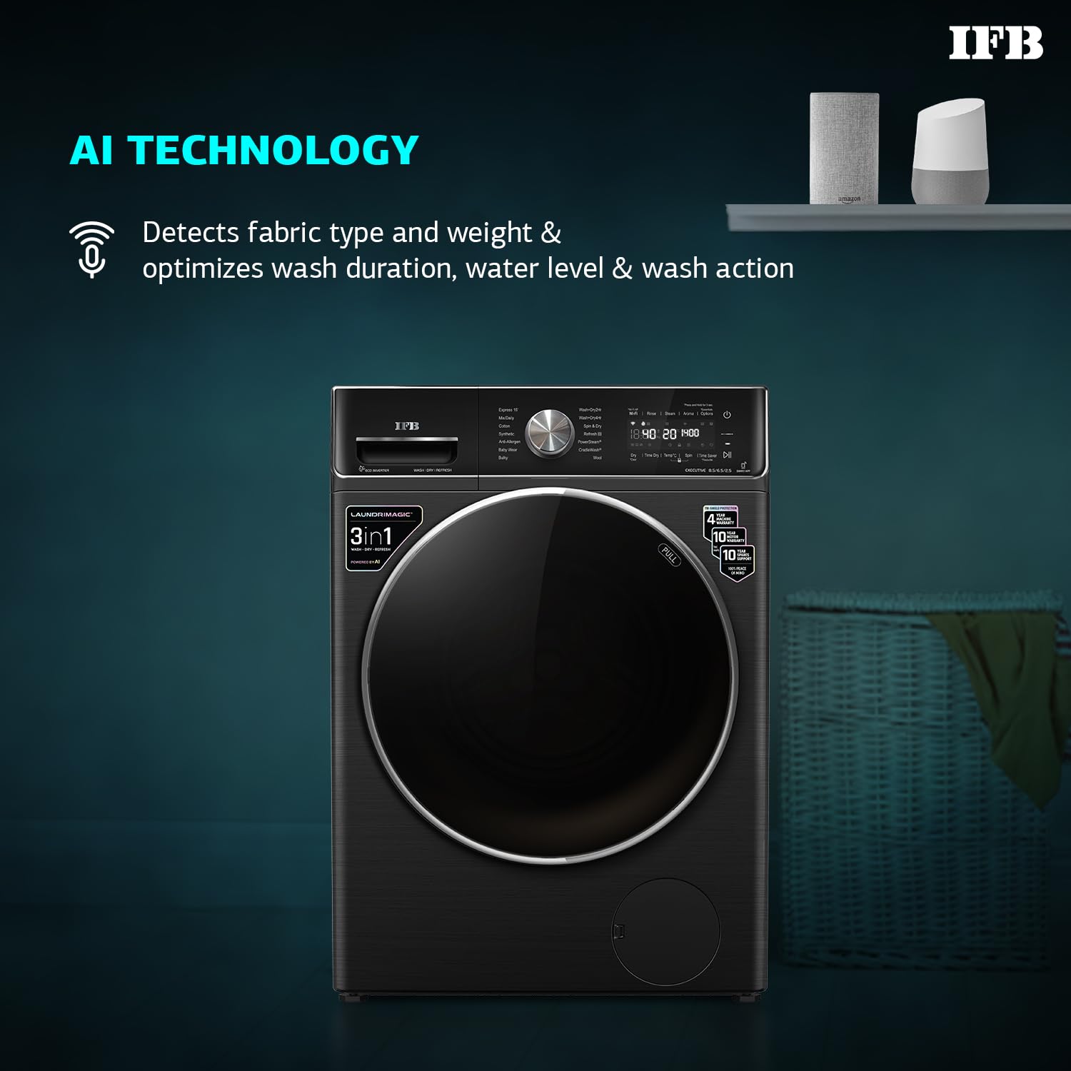 IFB Laundrimagic 3-in-1 8.5 Kg/6.5 Kg/2.5 Kg Inverter Washer Dryer Refresh (Executive ZXB, Black)