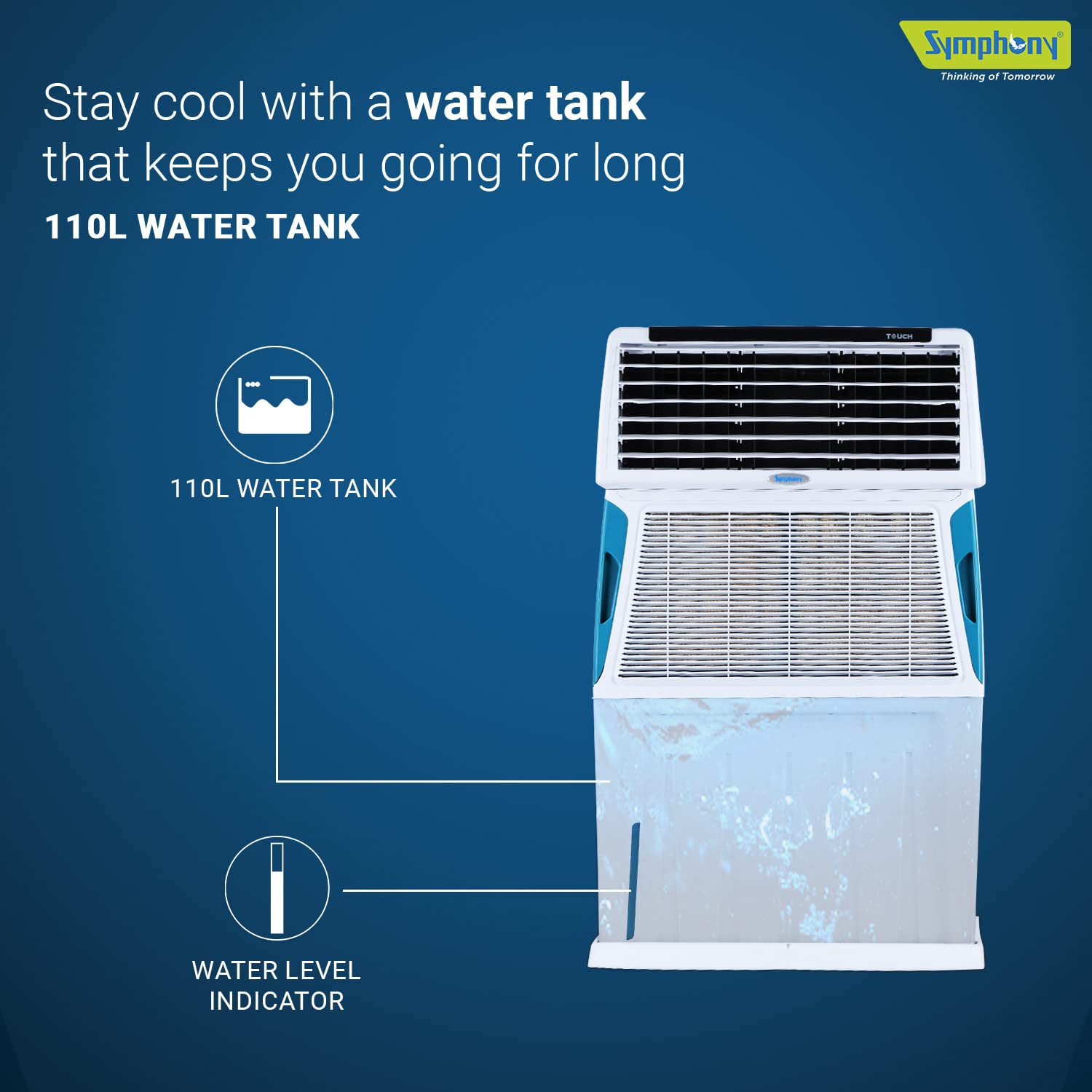 Symphony Touch 110 Personal Air Cooler For Home with 3-Side Cooling Pads, Powerful Blower, i-Pure Technology, Digital Touchscreen and Voice Assistance (110L, White)