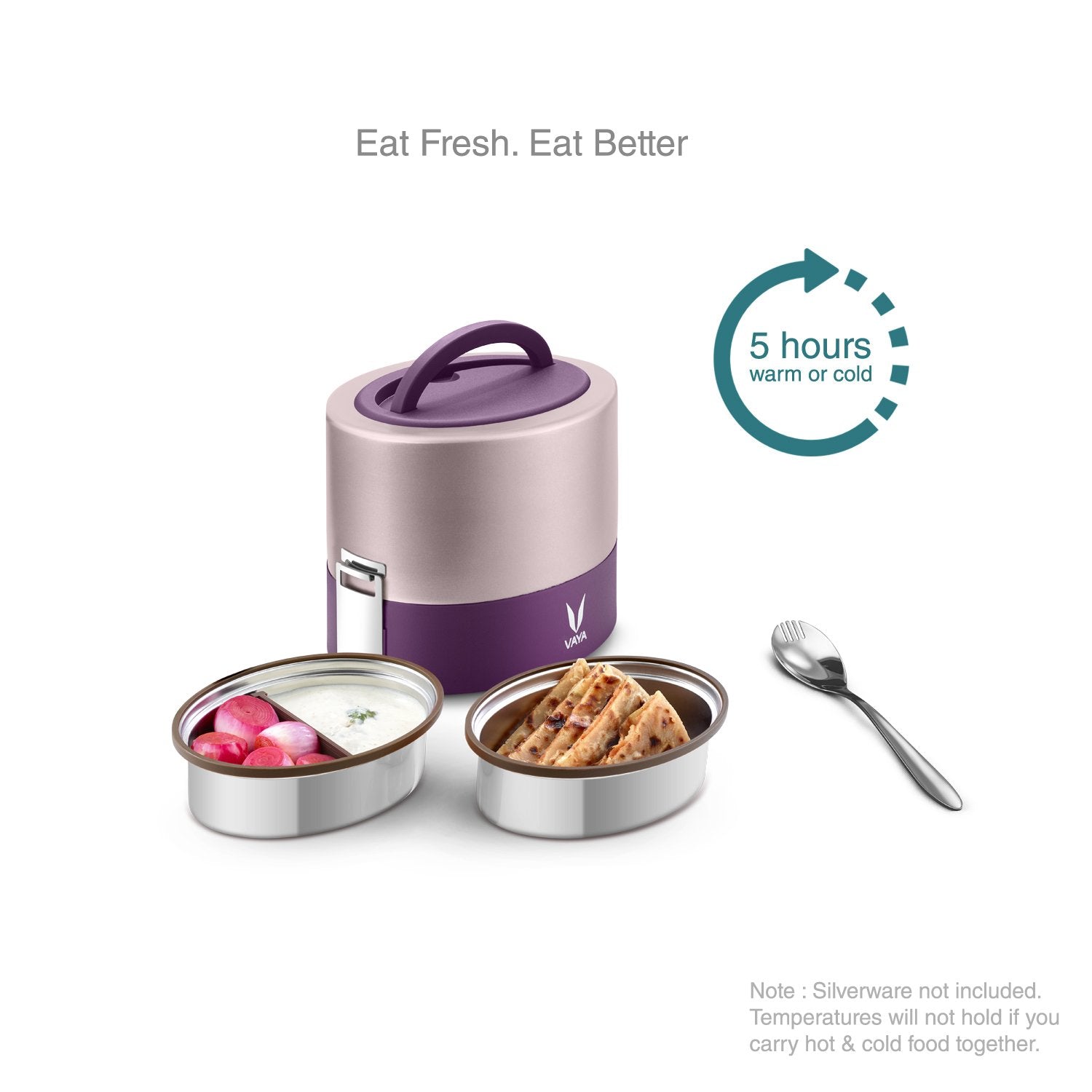 VAYA TYFFYN Lunch Box for Kids for School, Polished Stainless Steel 600ml Insulated Tiffin Box Without BagMat, Hot Lunch Box for Boys with 2 Leak Resistant Containers, Purple