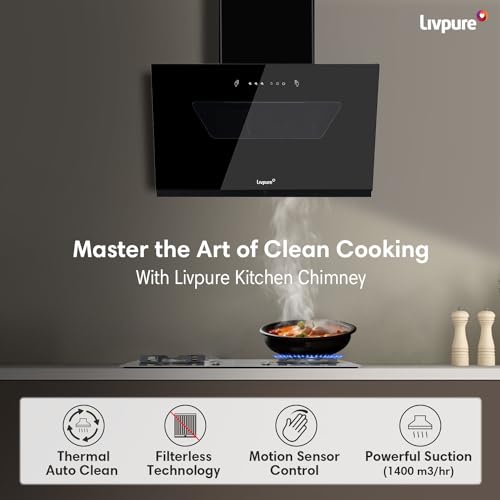Livpure Emerald-Neo-90 1400 m3/hr Slant |Filterless Auto-Clean Kitchen Chimney with oil collector|10 Year Warranty On Motor (2 Year Comprehensive), (Touch And Gesture Control, Black)