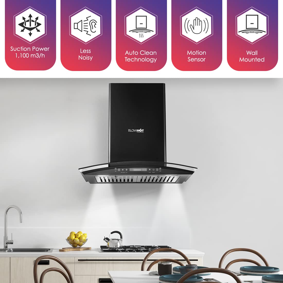 BLOWHOT Chimney for Kitchen 60Cm 1100 m3/hr Auto Clean Curved Glass Gesture Controlled Motion Sensor Bafﬂe Filter With Recycling Mode Led Lights(LIfetime7 Years)Warranty On Motor Free Installation Kit