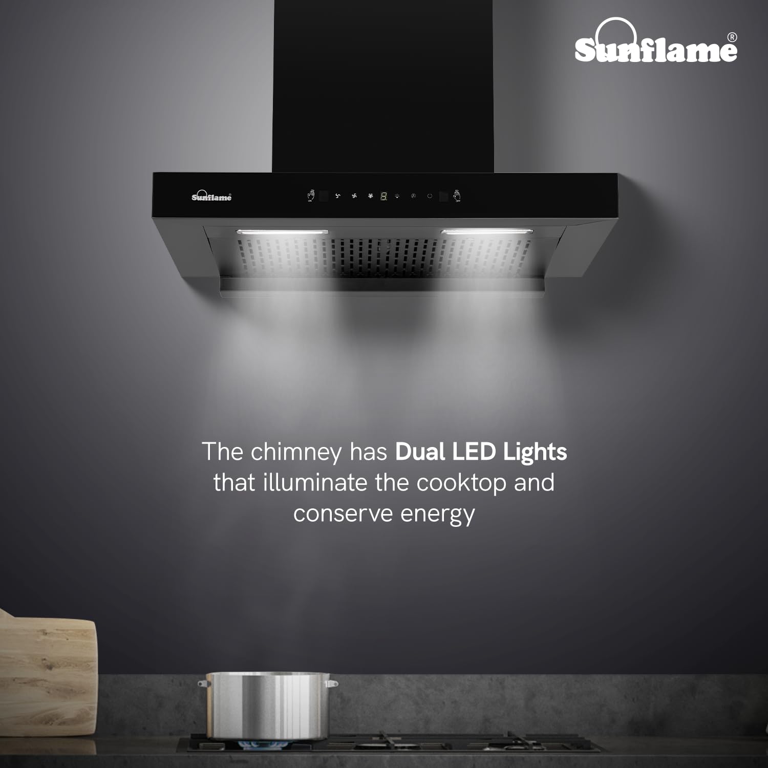 Sunflame Glanza High Efficiency Filterless 60cm Chimney | 1250 m³/h Suction Capacity | 1-Year Product and 5-Year Motor coverage | Heat Auto-Clean | Touch Panel and Gesture Control