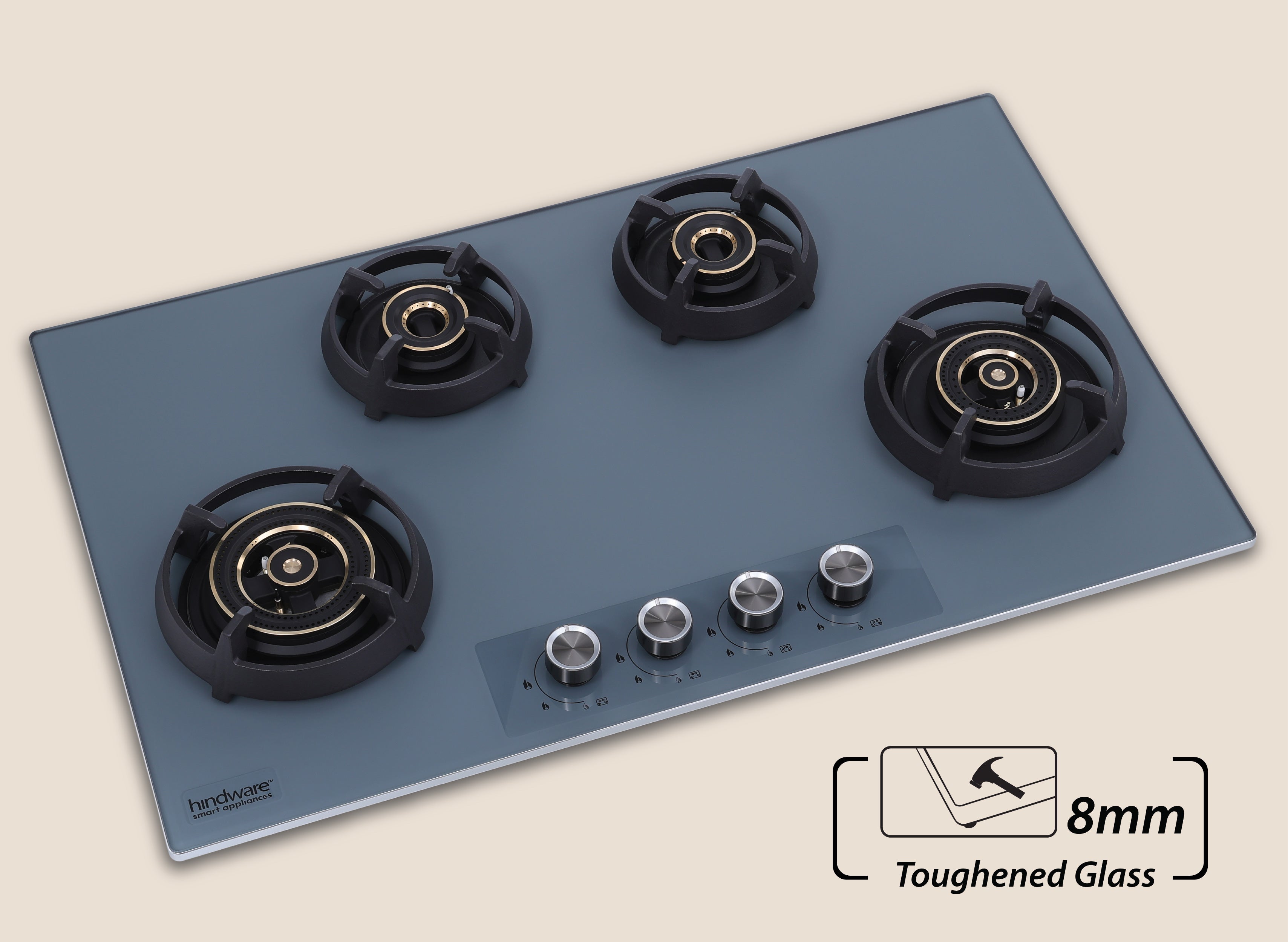 Hindware Graphite 4B 86 cm Hob with Elegant Grey Metallic Knobs | Flame Gaurd Pan Supports Glass, Stainless Steel Automatic Hob (4 Burners)