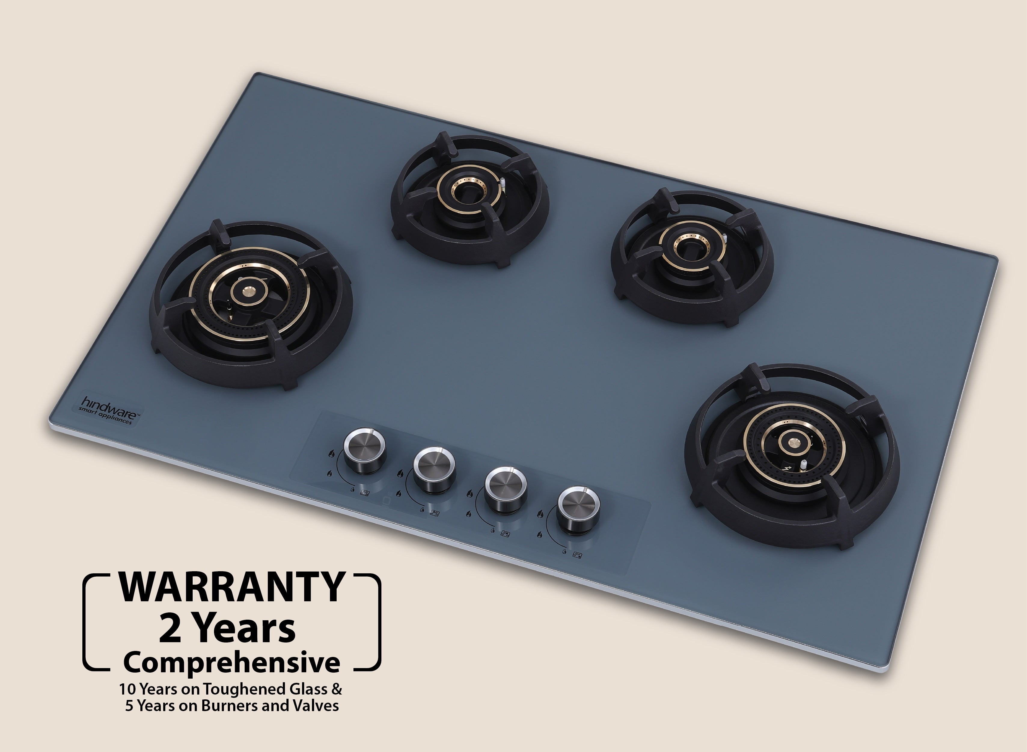Hindware Graphite 4B 86 cm Hob with Elegant Grey Metallic Knobs | Flame Gaurd Pan Supports Glass, Stainless Steel Automatic Hob (4 Burners)