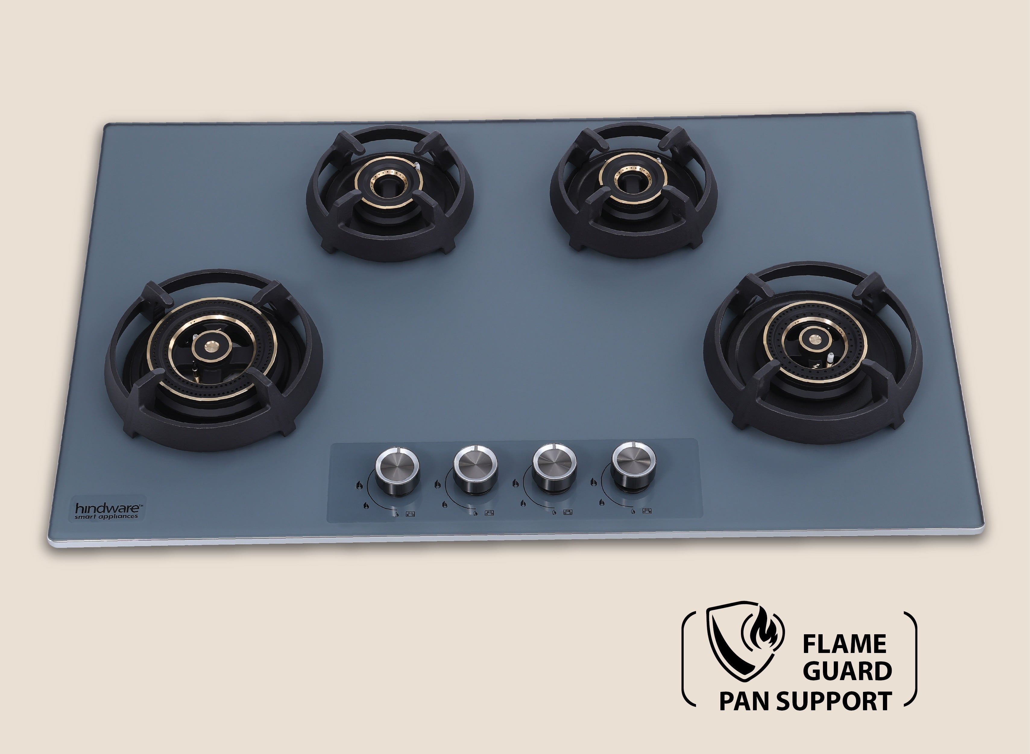 Hindware Graphite 4B 86 cm Hob with Elegant Grey Metallic Knobs | Flame Gaurd Pan Supports Glass, Stainless Steel Automatic Hob (4 Burners)