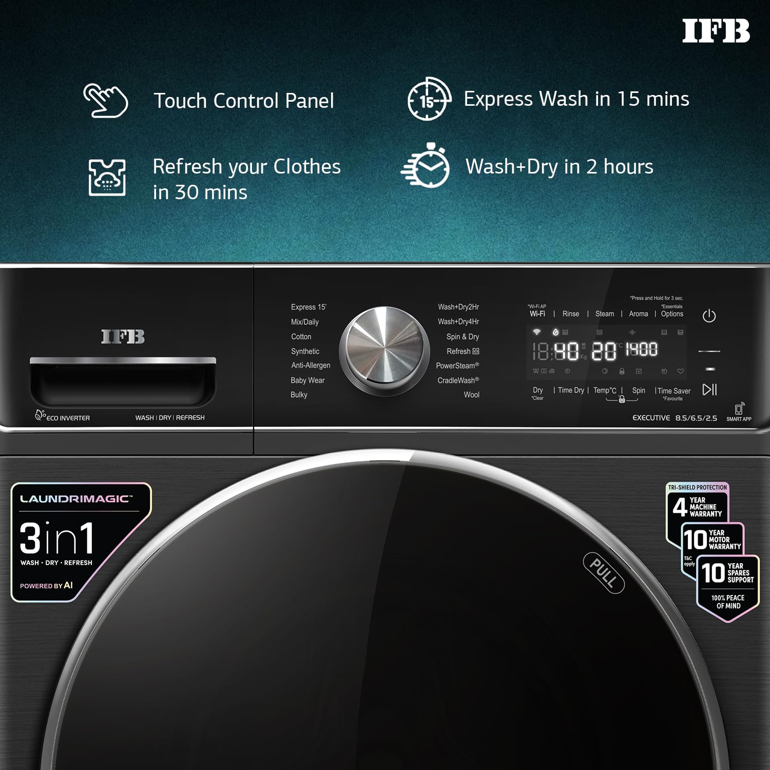 IFB Laundrimagic 3-in-1 8.5 Kg/6.5 Kg/2.5 Kg Inverter Washer Dryer Refresh (Executive ZXB, Black)