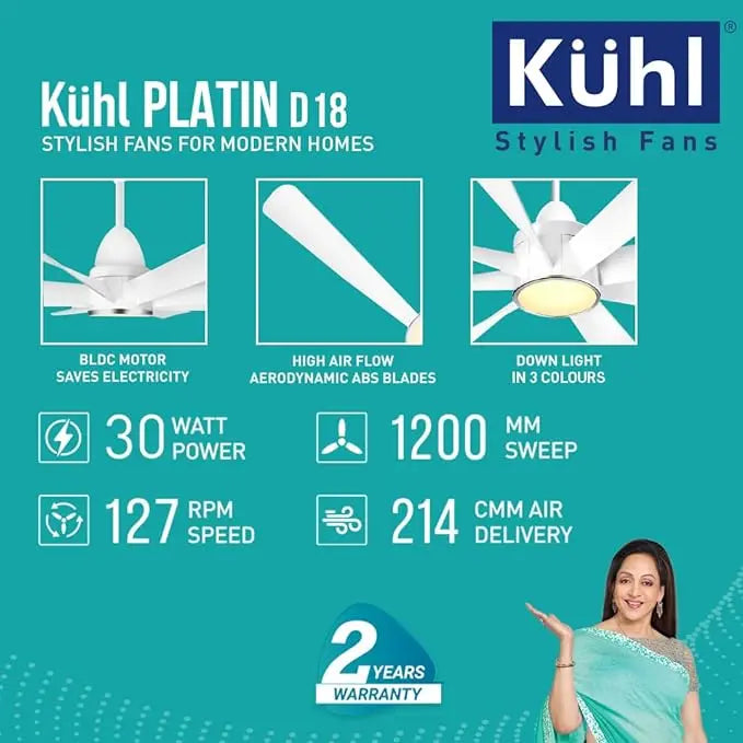 KUHL Platin D18 Stylish BLDC Fan | Low Power 30W | High Air Flow | 8 Aerodynamic ABS Blades | Low Noise | Down Light | 1200 mm sweep | Operate on Remote-Mobile-Alexa | Reverse Mode |5 Star Rated| Whit