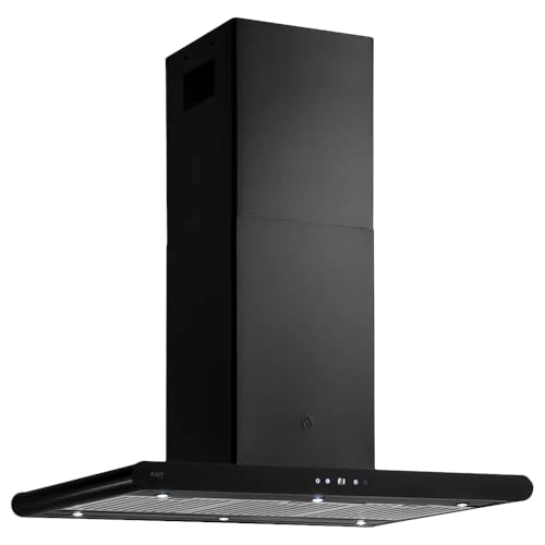 Kaff CANARY DHC BF 90 IS B black island chimney, angled front view showing the hood, lights and touch panel