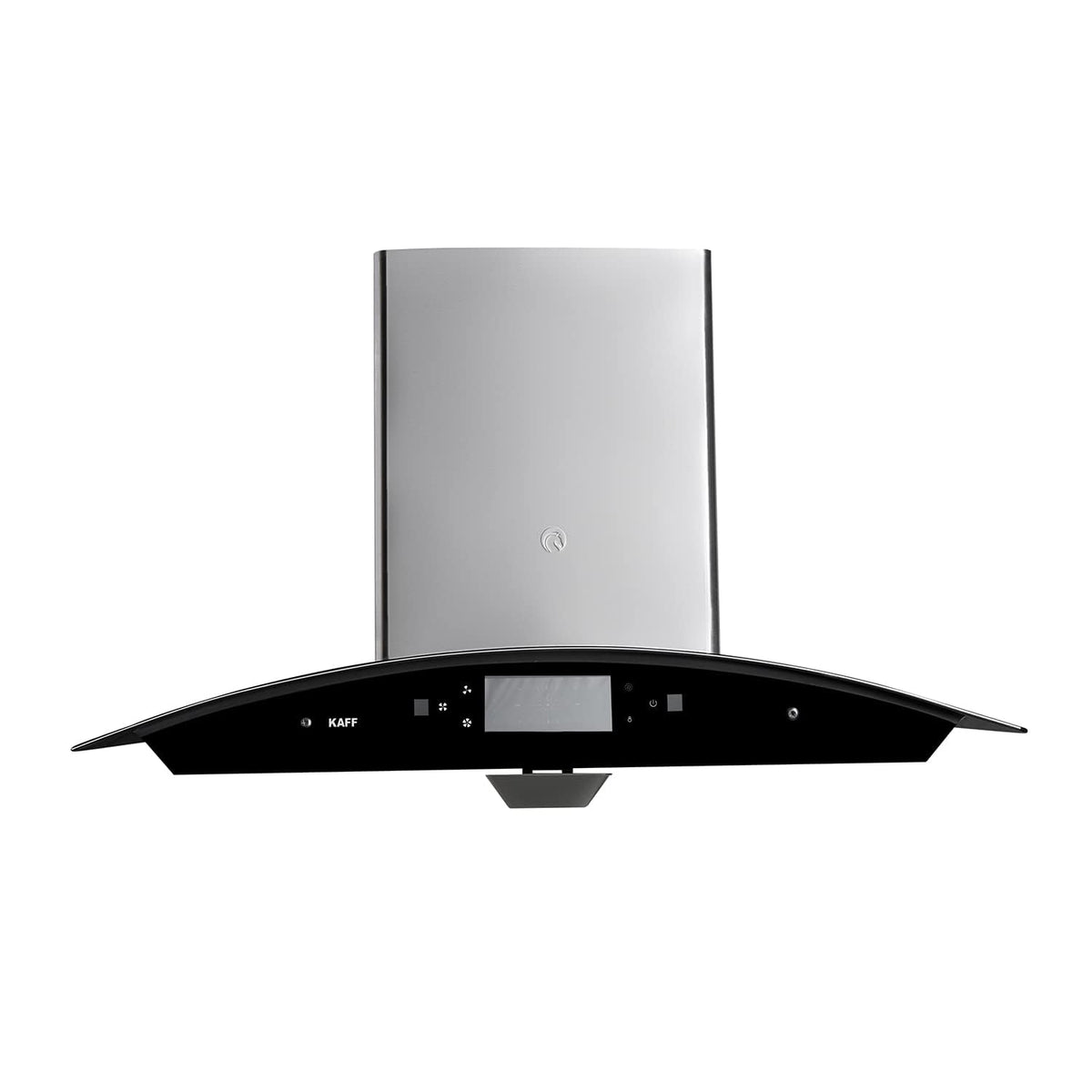 Kaff STELLA DHC 90 SS 90 cm wall mount chimney, front view with black curved glass and stainless steel body
