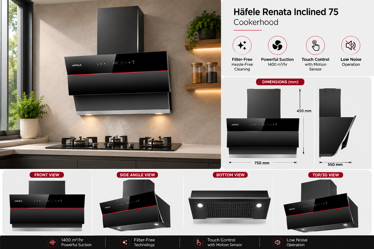 Hafele Renata Inclined 75 Filter-Free Auto Clean Cookerhood | 75cm | Black Glass