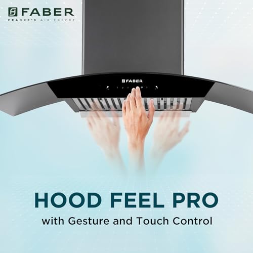 Faber 90 cm 1320 m³/hr Curved Glass Kitchen Chimney | 3 Layer Baffle Filter | Gravity Suction| Touch&Gesture Control | Oil Collector | 12 years warranty on Motor| Hood Feel Pro TC SC BF BK 90