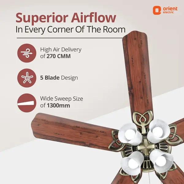 Orient Electric Subaris 1300mm Decorative Underlight 5-Blade Ceiling Fan Antique Brass