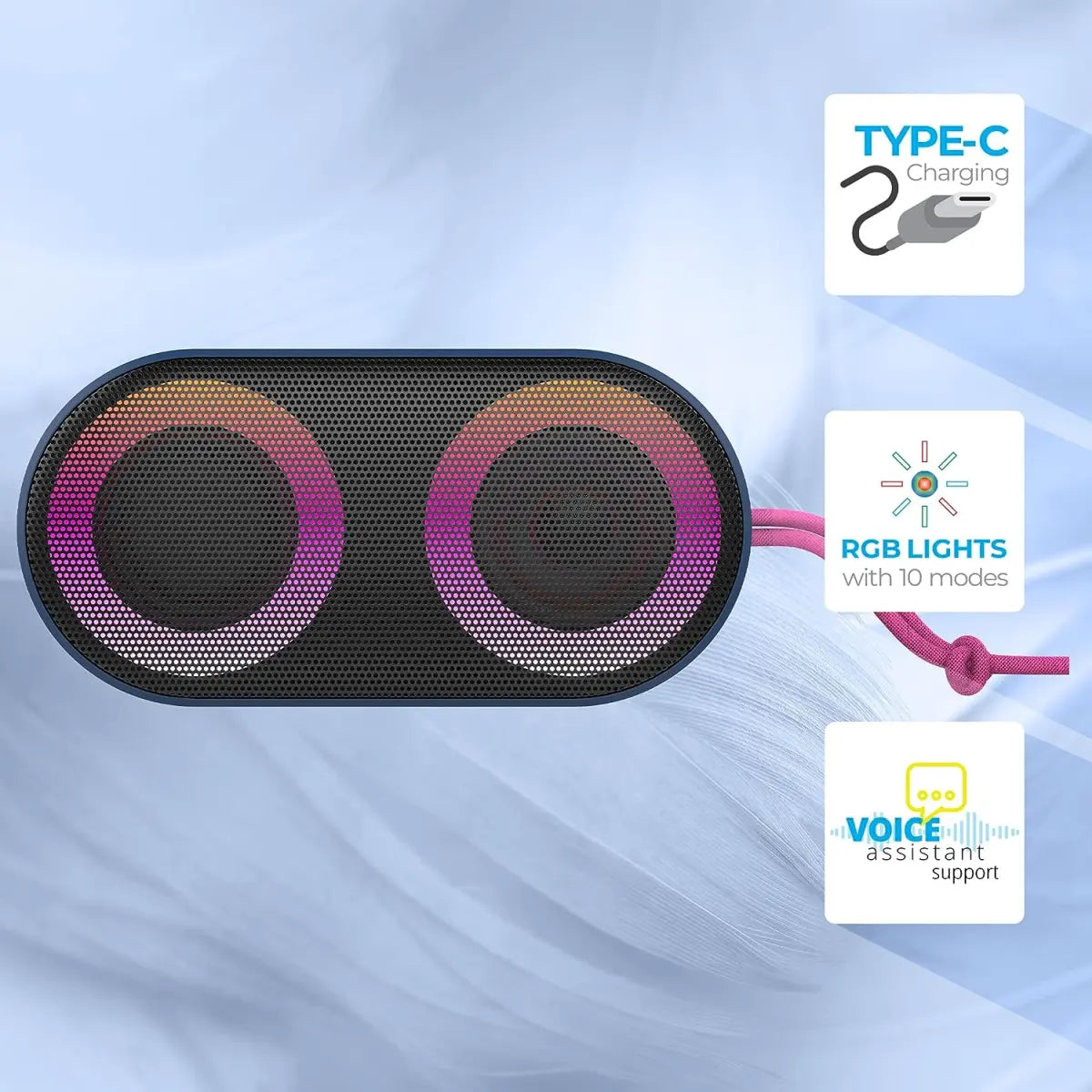 ZEBRONICS Zeb-Music Bomb X Mini Bluetooth 5.0 Speaker with IPX5 Waterproof, 5W RMS, Voice Assistant, Powerful Bass, 11H* Backup, RGB Lights, mSD/FM Radio, Call Function & Type C Charging(Blue)