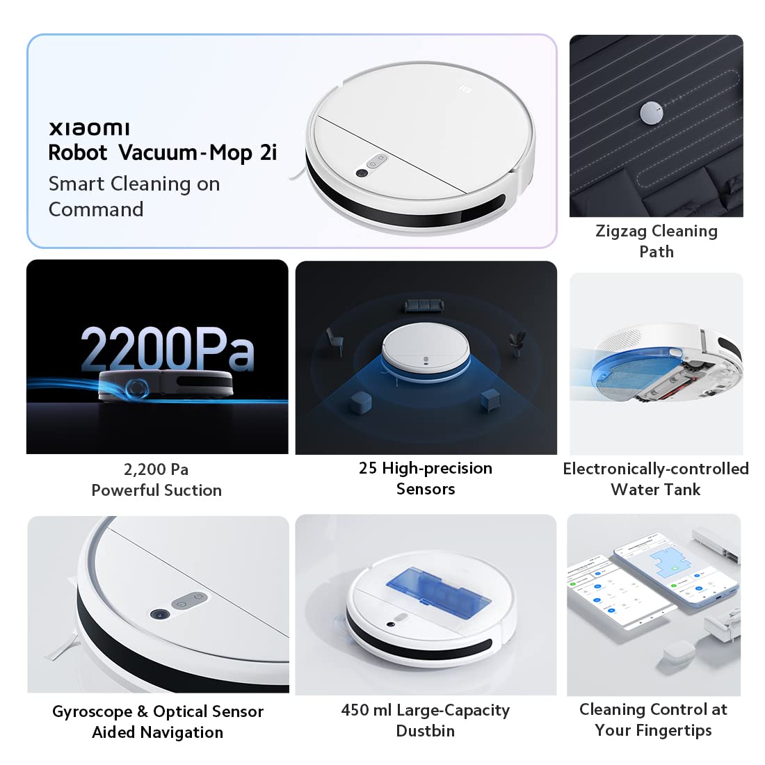 MI Xiaomi Robot Vacuum-Mop 2i, 2200 Pa Powerful Suction, 450 mL Large-Capacity Dustbin, Electronically-Controlled 270 mL Water Tank, Controls remotely via app, Alexa/GA Enabled, White