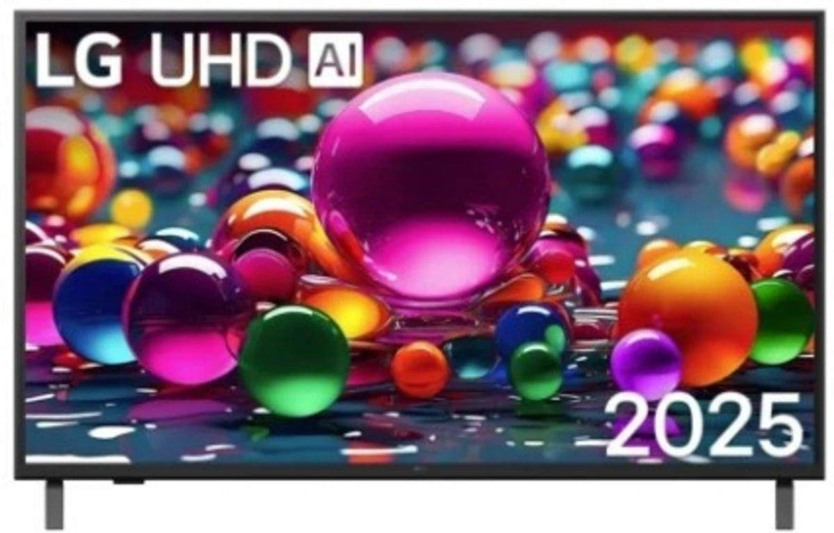 LG UA8250 UHD AI 55 inch smart TV front view showing colourful glass spheres on screen